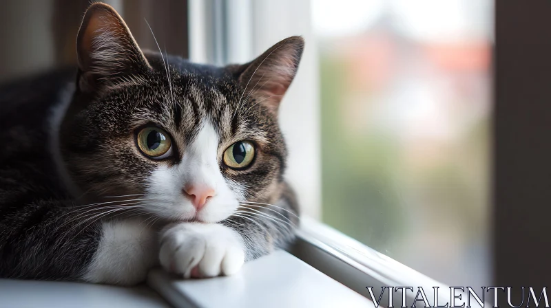 Calm Cat with Green Eyes at the Window AI Image