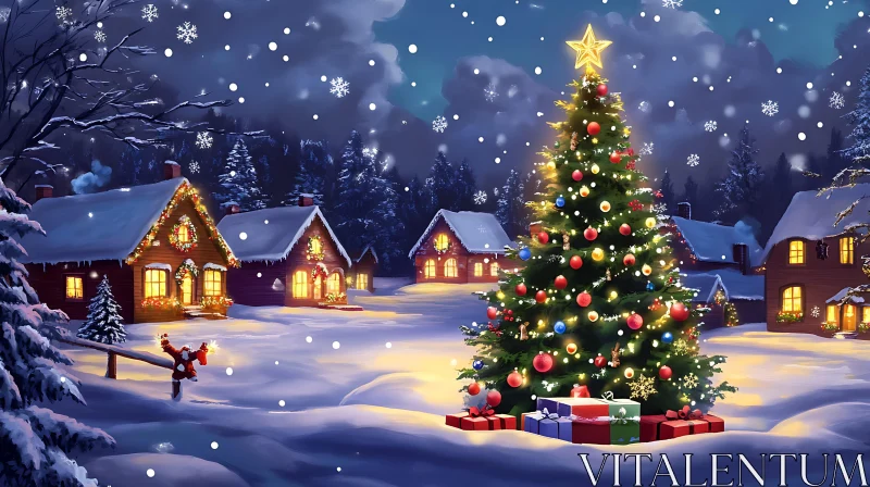 AI ART Christmas Tree and Snowy Village at Night