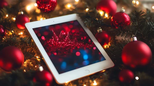 Festive Tablet Display amidst Christmas Ornaments