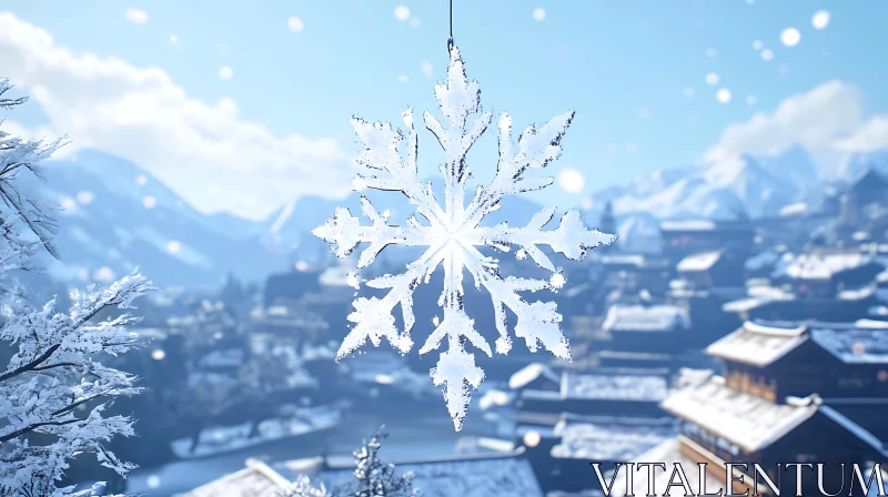 Snowflake Ornament in Serene Mountain Village AI Image