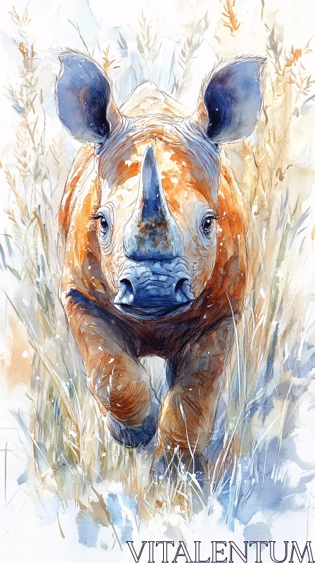 Rhinoceros in Tall Grass Painting AI Image