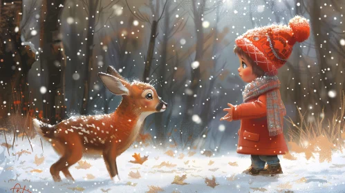 Innocent Encounter: Child and Fawn in Snowy Woods