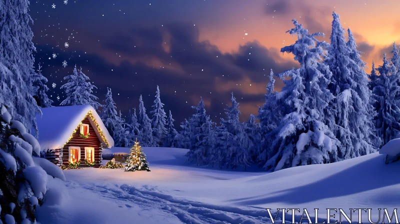 AI ART Winter Night with Snowy Forest and Christmas Cabin