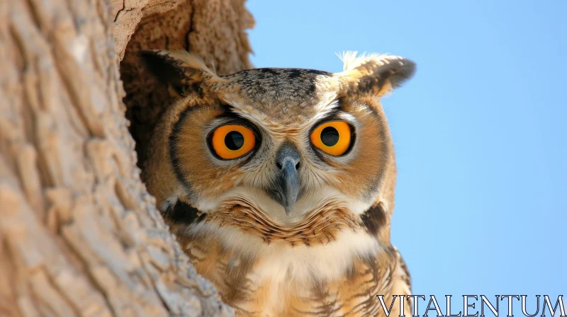Close-Up of Owl with Orange Eyes in Tree Hollow AI Image