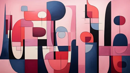 Contemporary Geometric Abstract Painting in Pink, Blue, and Red