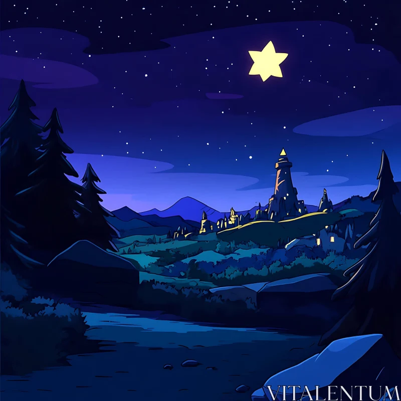 Nighttime Fantasy Scene with Castle and Bright Star AI Image