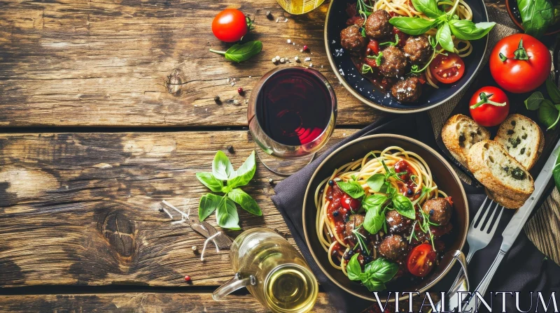 Exquisite Still Life: Spaghetti with Meatballs on a Wooden Table AI Image