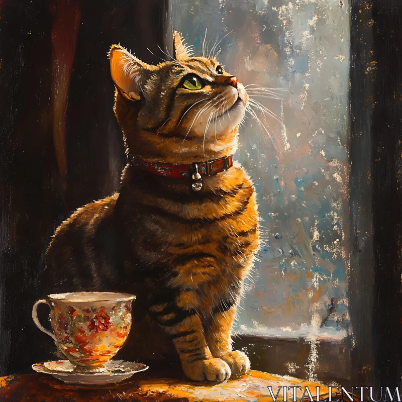 Tabby Cat Portrait with Teacup AI Image