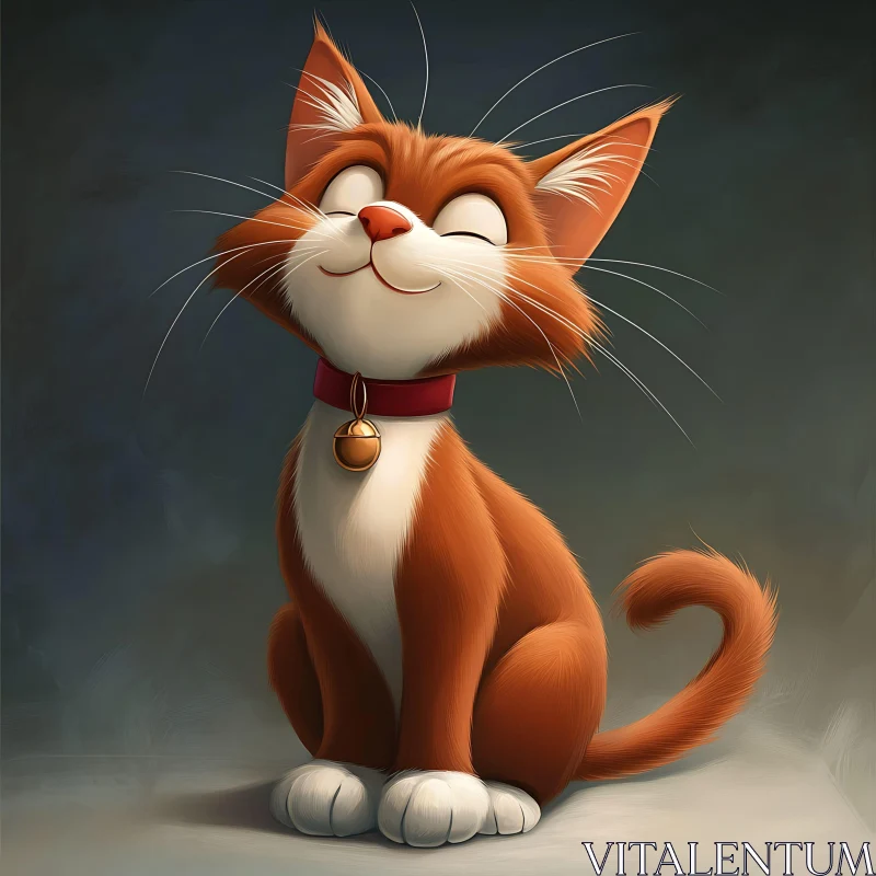 Smiling Cartoon Cat with Golden Bell AI Image