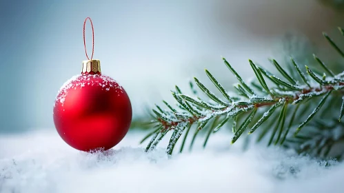 Festive Red Bauble on Snow with Evergreen Branch