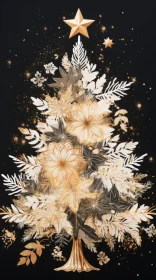 Gold Christmas Tree on Black Background | Abstracted Floral Forms