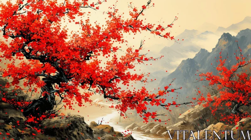 Majestic Red Tree in Traditional Chinese Landscape Painting AI Image