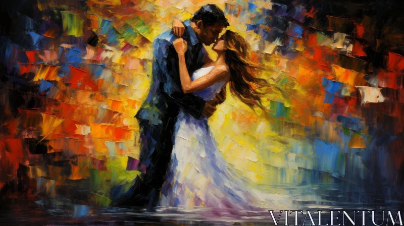 Romantic Couple Dancing in Rain Oil Painting AI Image