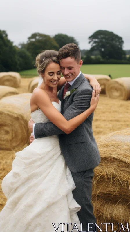 Rustic Wedding: A Joyful Embrace Amidst Hay Bales AI Image