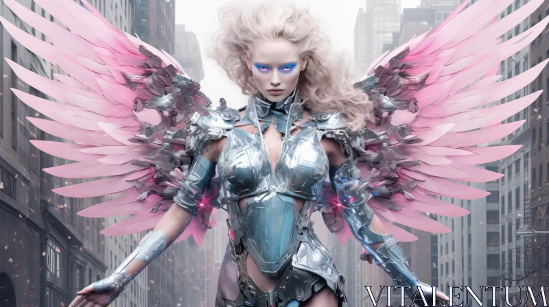Serious Woman with Angel Wings in Cityscape AI Image