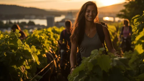 Smiling Woman Portrait in Vineyard at Sunset
