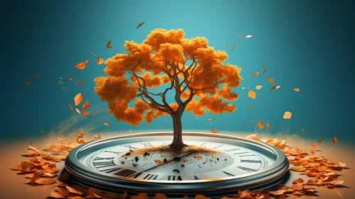 Surreal Fusion of Clock and Tree in Autumn Hues