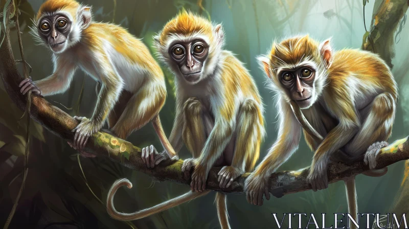 Three Monkeys in a Lush Green Jungle - Captivating Wildlife Painting AI Image