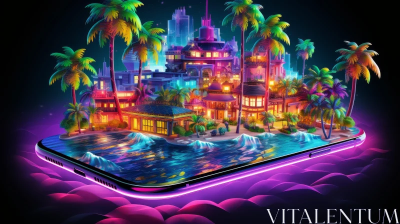 Tropical Island Digital Illustration with Neon Lights AI Image