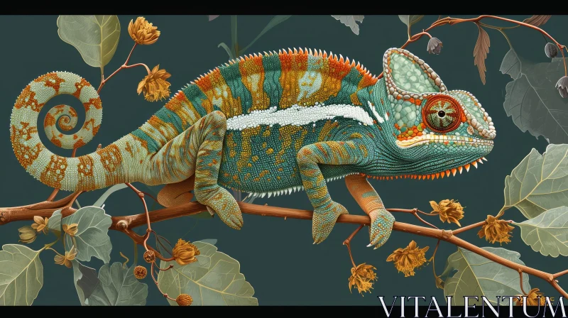 Vibrant Digital Painting of a Chameleon on a Branch AI Image