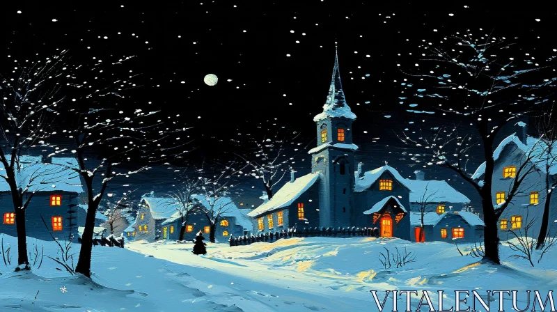 AI ART Winter Village Night Scene: Serene Snow-covered Beauty