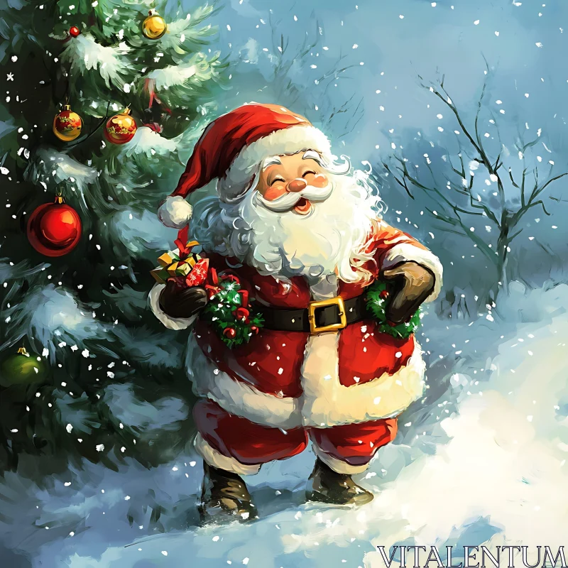 Santa Claus Celebrating Christmas in Snowy Scene AI Image