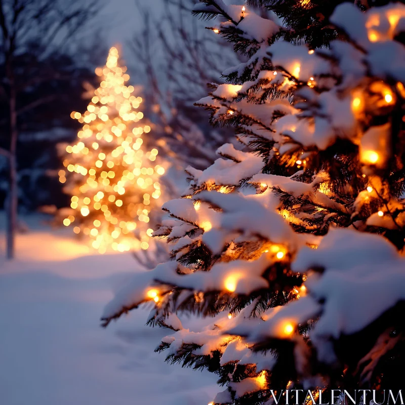 Snow-Covered Christmas Trees with Festive Lights AI Image