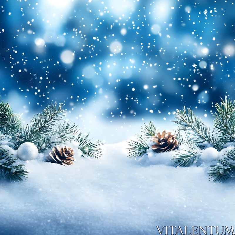 Peaceful Winter Scene with Falling Snow and Pine Branches AI Image