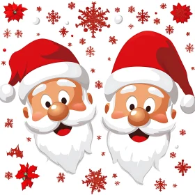 Jolly Santa Claus Cartoon Art with Red Hats and Snowflakes