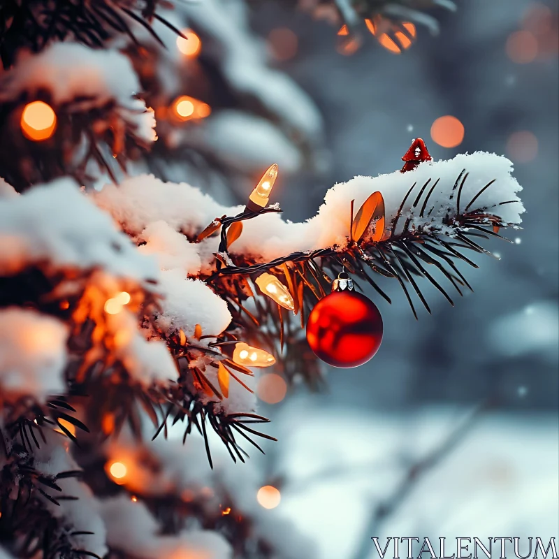 Snowy Evergreen Branch with Christmas Decor AI Image