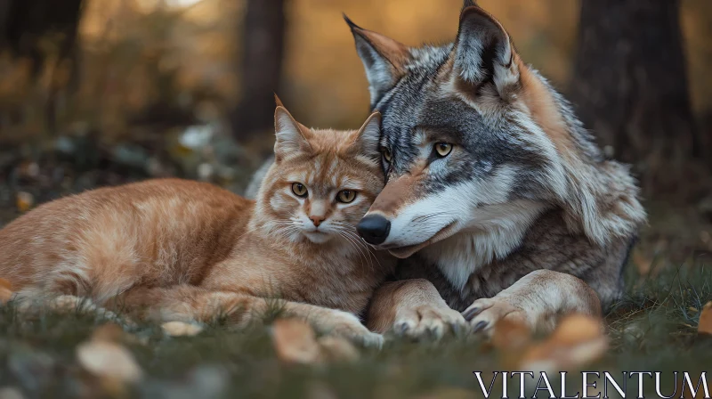 Autumn Companionship Between Cat and Wolf AI Image