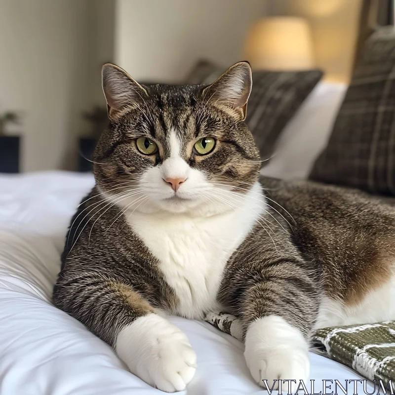 Comfortable Tabby Cat on a Bed AI Image