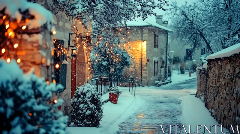 Snowy Village Street with String Lights AI Image