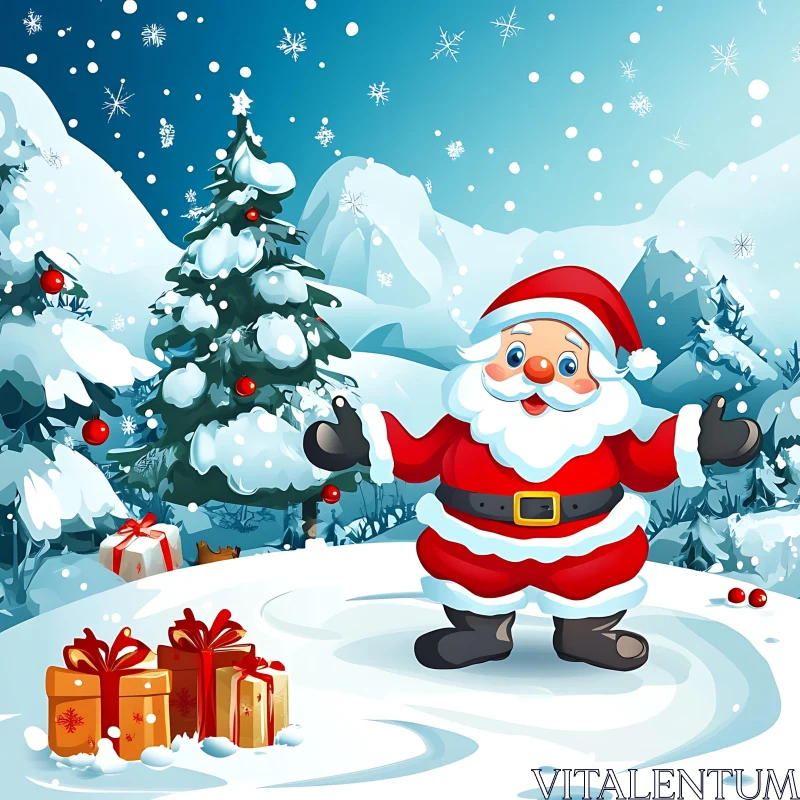 Festive Santa Among Snowy Trees and Presents AI Image