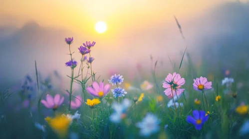 Morning Sunshine Illuminating Colorful Wildflowers