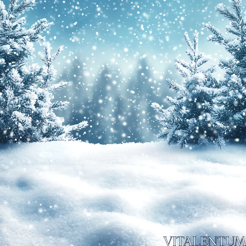 AI ART Winter Scene with Snowflakes and Pine Trees