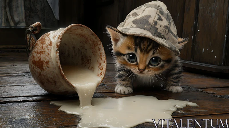 Kitten in Rustic Room with Spilled Milk AI Image