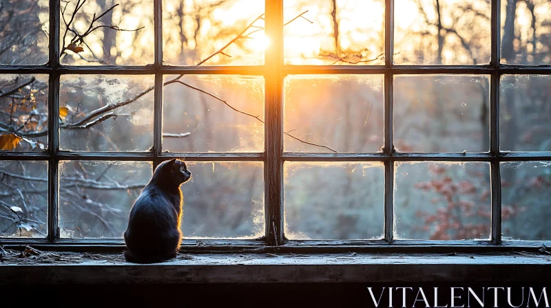 Cat at Sunset by the Window AI Image