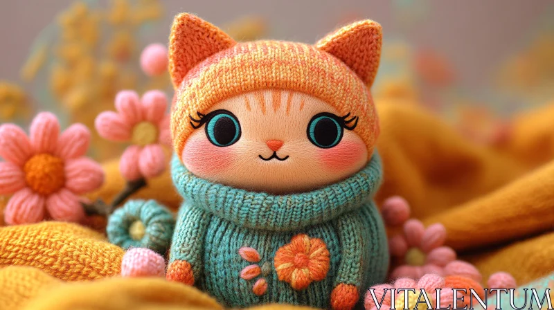 Cute Knitted Cat in Floral Setting AI Image