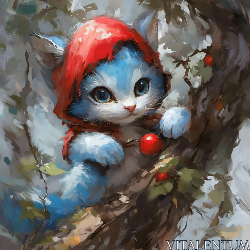 Cute Blue Kitten with Red Hood and Berry AI Image