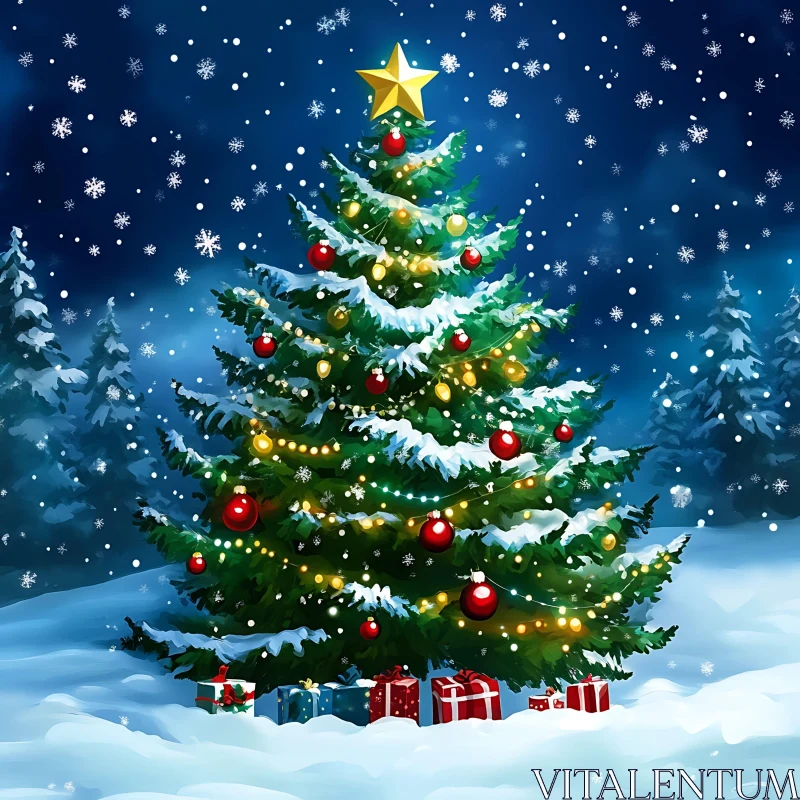 Festive Christmas Tree with Lights and Presents AI Image