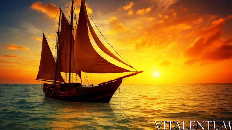 Captivating Sunset: Old Sailing Ship on the Ocean in 32k UHD AI Image