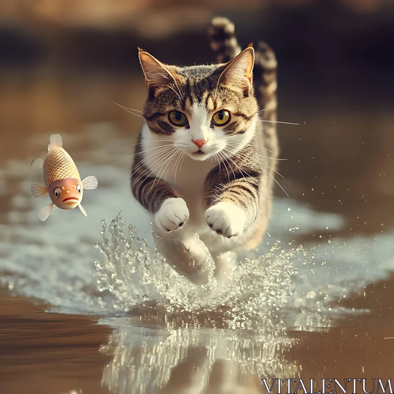 Cat in Action Mid-Jump with Fish AI Image