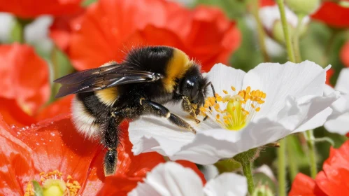 Close-up of Bumblebee on White Flower - Nature Photography