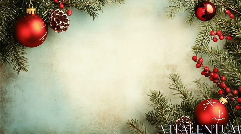 Holiday Pine Branches with Red Ornaments AI Image