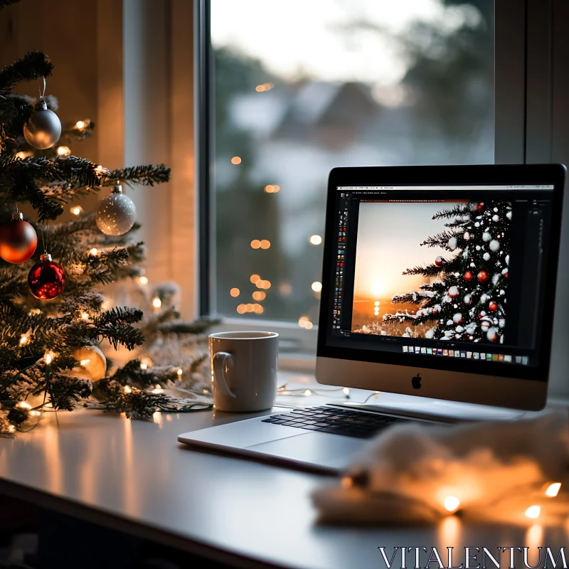 Warm Holiday Desk Setup with Christmas Decorations AI Image