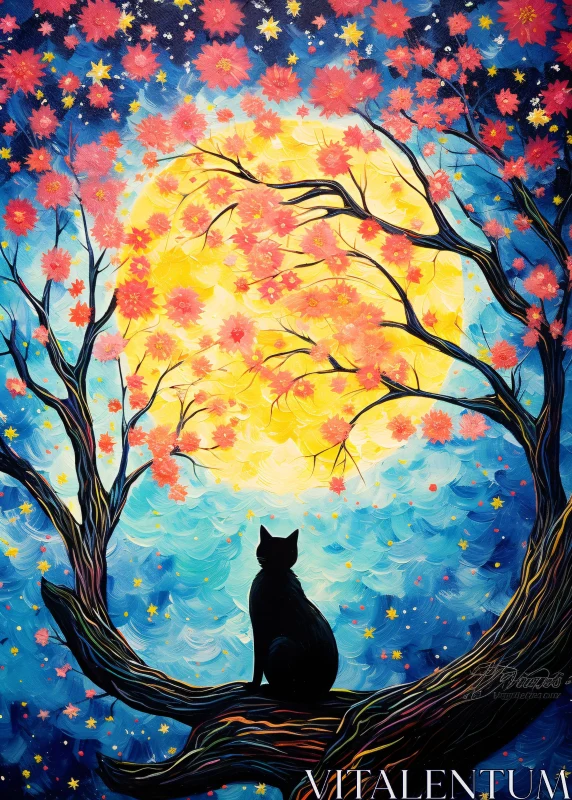 AI ART Charming Cat and Moonlit Blossoms Painting