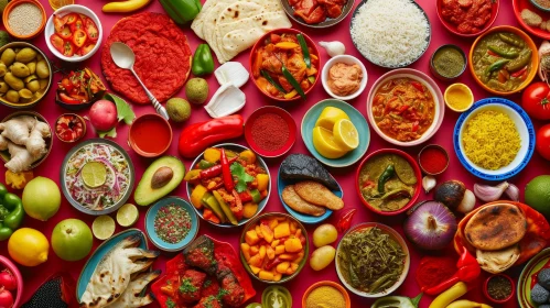 Delicious Indian Food and Ingredients on a Red Background