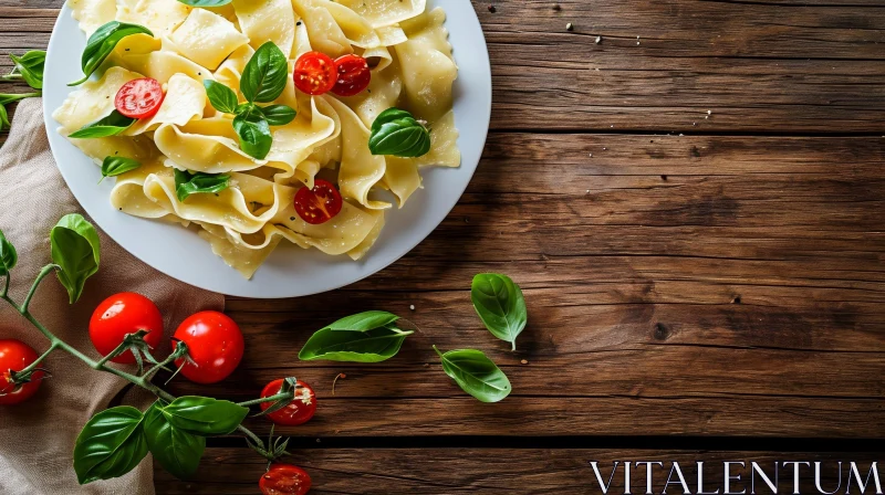 Delicious Pasta with Tomatoes and Basil on a Wooden Table AI Image