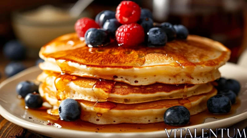 Delicious Stack of Pancakes with Blueberries and Raspberries AI Image